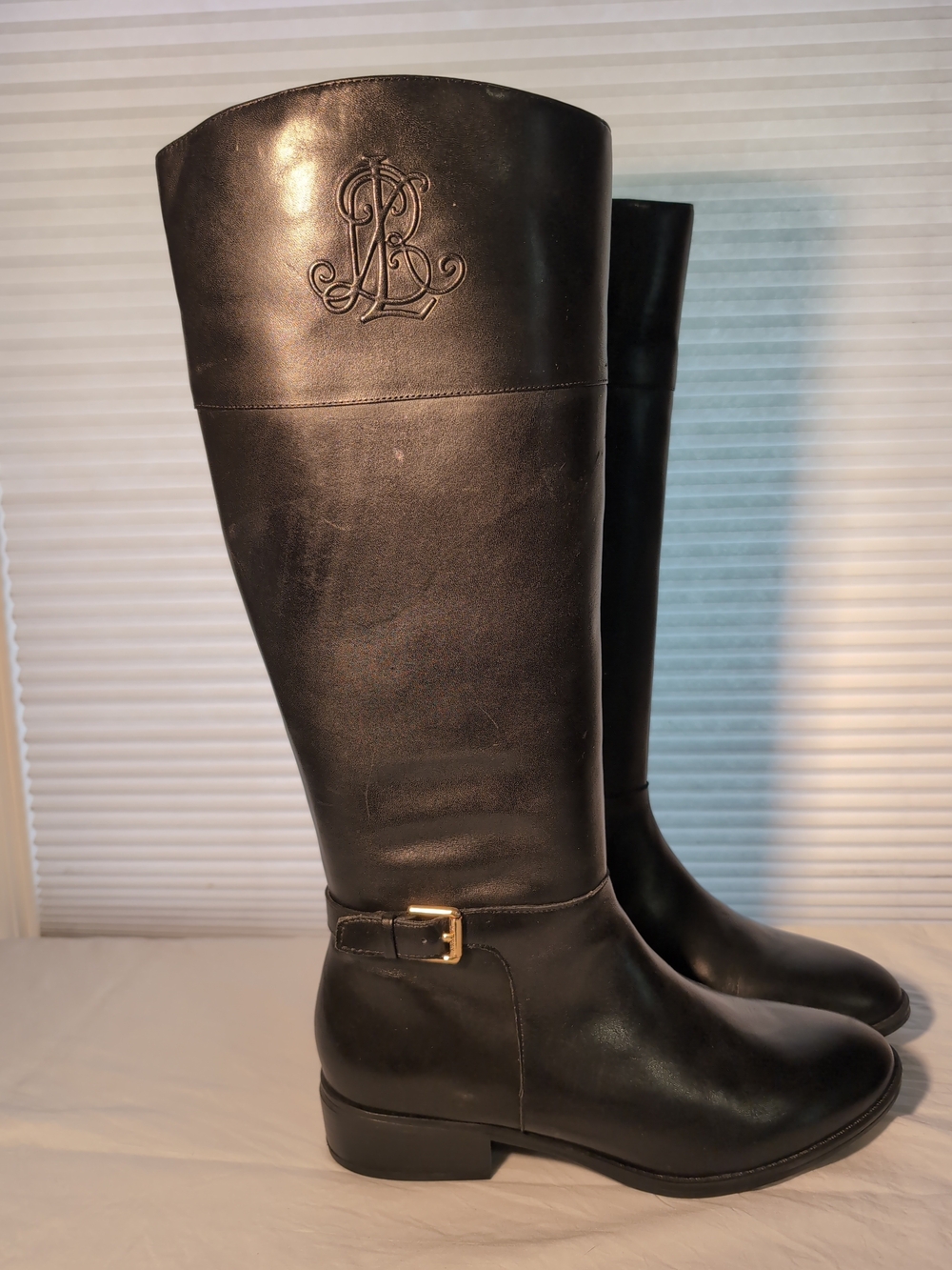 Ralph Lauren Black Leather Tall Riding Boots with Embossed RL Crest